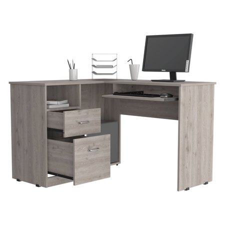 Tuhome Mix L-Shaped Desk, Keyboard Tray, Two Drawers, Single Open Shelf, Light Gray ELZ5702